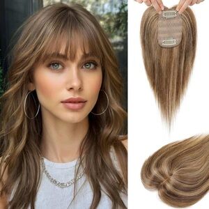 Real Human Hair Topper MEDIUM BROWN w/ BLONDE 10 Inch Clip In Hair Piece NEW